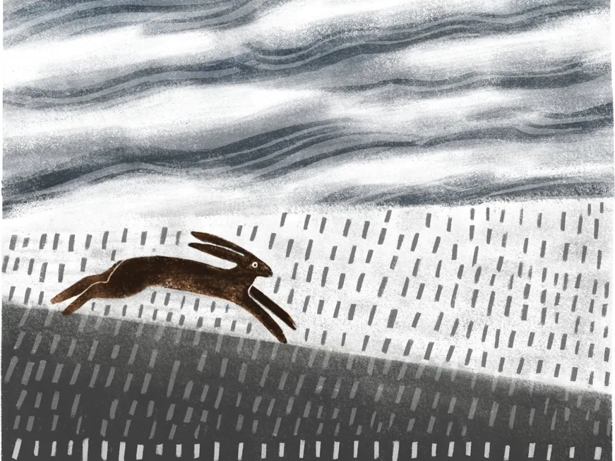 March Hare print: a brown hare leaping across a grey field under a windswept sky