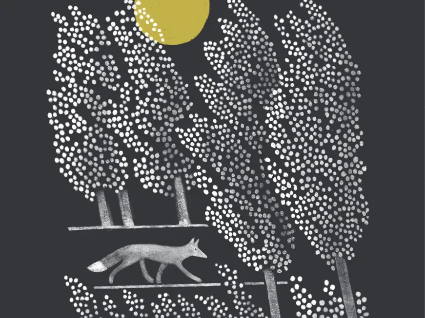 Night Wandering card: a fox walking under tall dotted trees and a golden moon