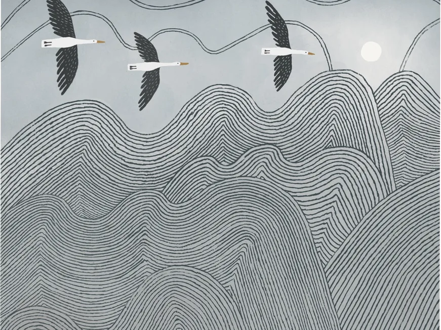 Above the Clouds print: geese flying over layered, rolling hills of cloud
