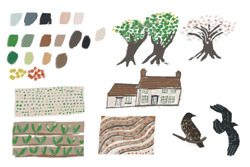 A page of Tjitske's colour swatches and tiny landscape studies: trees, a cottage, fields and crows